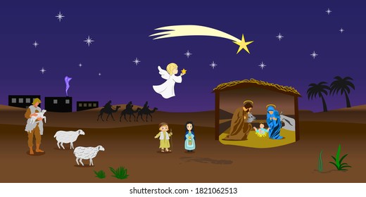 Nativity of Jesus with hut and bright comet on background with wise kings and shepherd