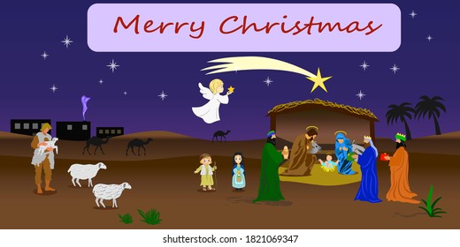 Nativity of Jesus with hut and bright comet with wishes for a merry christmas