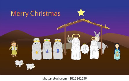 Nativity of Jesus with hut and luminous comet on transparent background with three kings