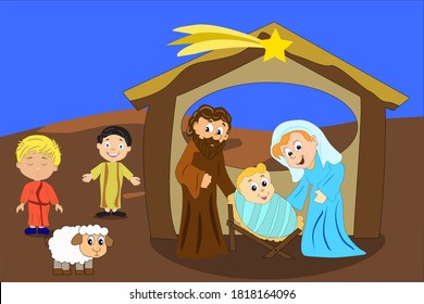 Nativity of Jesus with hut and shepherd children and comet