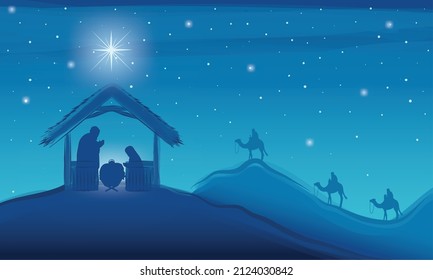 Nativity landscape blue night scene with star mangel Vector