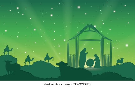 Natividad paisaje verde noche escena de la escena de la noche Vector