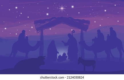 Nativity landscape purple night scene mangel Vector