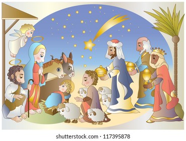 nativity with magi shepherd and  angel