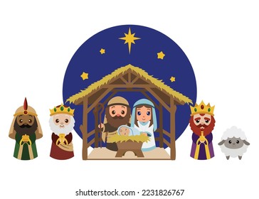 Nativity manager cartoon Christmas illustration isolated over white background.