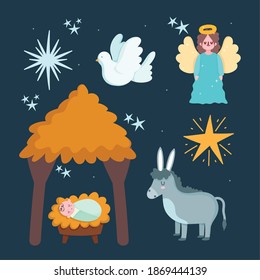 nativity, manger baby jesus hut donkey angel and star cartoon vector illustration