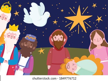 natividad, caricatura del manger familia sabios reyes pichón e ilustración del vector estrella