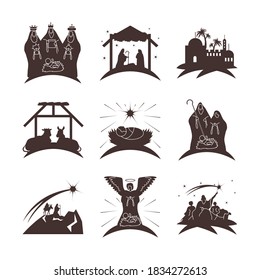 nativity, manger characters traditional celebration religious icons set vector illustration