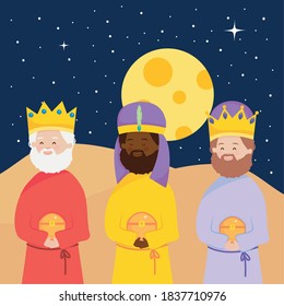 nativity, manger characters wise kings with gift Christ birth vector illustration