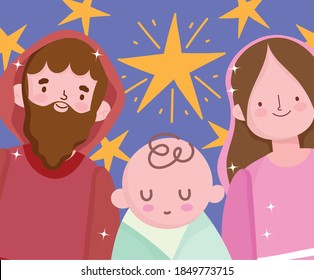 nativity, manger cute holy family together cartoon vector illustration