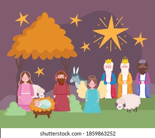 nativity, manger cute mary joseph baby jesus three kings donkey and lambs cartoon vector illustration