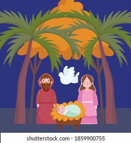 nativity, manger cute mary joseph baby and dove cartoon vector illustration