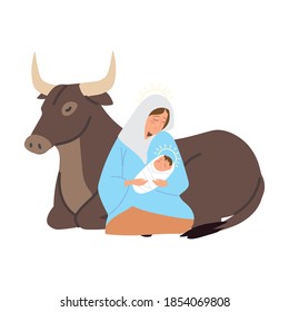 nativity, manger holy mary with baby jesus and ox animal vector illustration