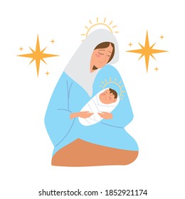 nativity, manger holy mary carrying baby jesus vector illustration
