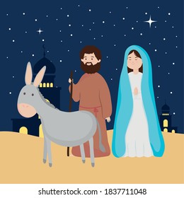 nativity, manger holy mary and joseph and donkey night sky vector illustration
