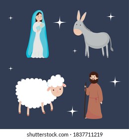 nativity, manger holy mary joseph sheep and donkey icons vector illustration