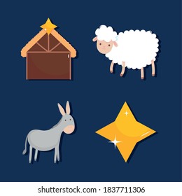 nativity, manger hut sheep donkey and star icons vector illustration
