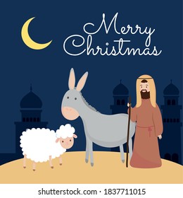 nativity, manger joseph with sheep and donkey night vector illustration