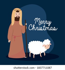 nativity, manger joseph with sheep night cartoon vector illustration