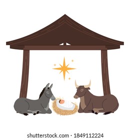 nativity, manger scene baby jesus with donkey and ox in the hut vector illustration