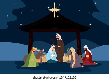 nativity, manger scene holy family wise kings ox donkey in the night vector illustration