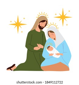 nativity, manger scene holy family together and stars vector illustration