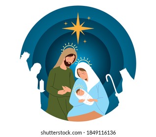 nativity, manger scene joseph mary baby jesus and wise kings in silhouette card vector illustration