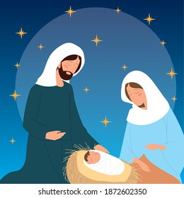 nativity, mary joseph baby jesus manger charcacters vector illustration