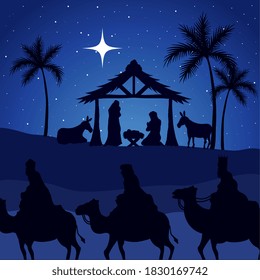 nativity mary joseph baby and wise men on blue background design, merry christmas theme Vector illustration