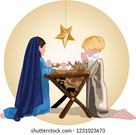Nativity - Mary and Joseph Kneeling Beside Crib  