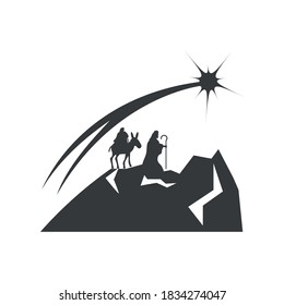 nativity, mary on donkey with joseph looking star in the sky, traditional celebration religious vector illustration silhouette