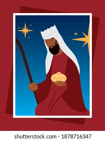 nativity melchior wise king with gift greeting card vector illustration