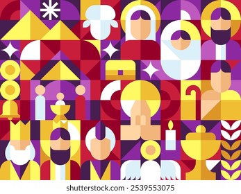 NATIVITY SCENCE in bauhaus geometric style arrange as grid for backdrop, background, banner and wrapping paper gift or seamless pattern