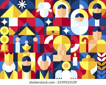 NATIVITY SCENCE in bauhaus geometric style arrange as grid for backdrop, background, banner and wrapping paper gift or seamless pattern