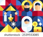 NATIVITY SCENCE and holy family in bauhaus geometric style arrange as grid for backdrop, background, banner and wrapping paper gift or seamless pattern