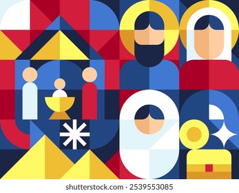 NATIVITY SCENCE and holy family in bauhaus geometric style arrange as grid for backdrop, background, banner and wrapping paper gift or seamless pattern