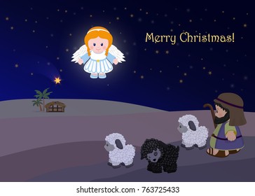 Nativity scene, Angel announce the birth of Jesus, Holiday of Merry Christmas, Greeting card with fun cartoon characters. Vector illustration