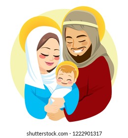 Nativity scene of baby born birth Joseph and Mary hugging little Jesus