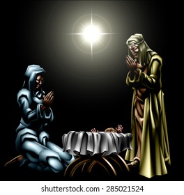 Nativity Scene of baby Jesus beneath the star in the manger with Mary and Joseph in 