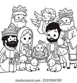 Presépio com bebê Jesus para livro de colorir
