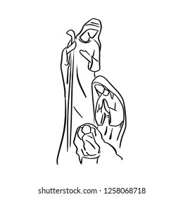 Nativity Scene of baby Jesus in manger with Mary and Joseph vector illustration sketch doodle hand drawn with black lines isolated on white background.