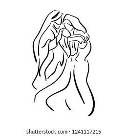 Nativity Scene with baby Jesus, Mary and Joseph vector illustration sketch doodle hand drawn with black lines isolated on white background.