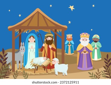  Nativity scene with baby Jesus, Mary, Joseph, animals and in Bethlehem in cartoon flat style.Vector illustration