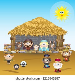 Nativity Scene Background Cute Cartoon Vector Illustration