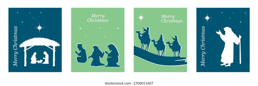 Krippe. Hintergrund für Grußkarte. 2026. Weihnachtsgrußkarte. Blaue und grüne Hintergründe. Vektorgrafik