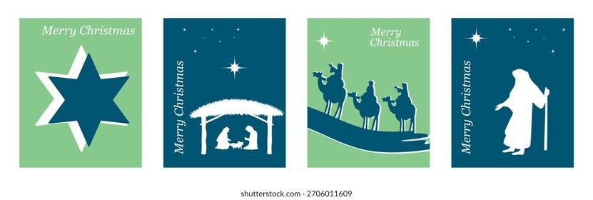 Krippe. Hintergrund für Grußkarte. 2026. Weihnachtsgrußkarte. Blaue und grüne Hintergründe. Vektorgrafik