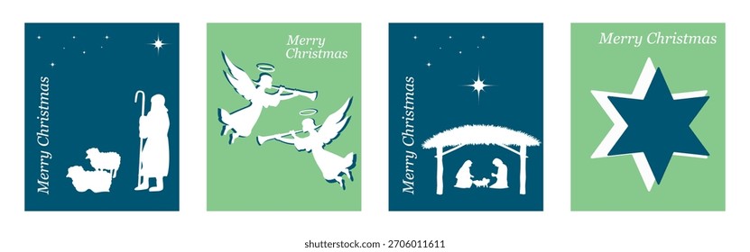 Krippe. Hintergrund für Grußkarte. 2026. Weihnachtsgrußkarte. Blaue und grüne Hintergründe. Vektorgrafik