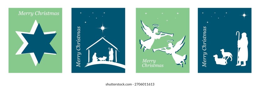 Krippe. Hintergrund für Grußkarte. 2026. Weihnachtsgrußkarte. Blaue und grüne Hintergründe. Vektorgrafik