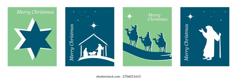 Krippe. Hintergrund für Grußkarte. 2026. Weihnachtsgrußkarte. Blaue und grüne Hintergründe. Vektorgrafik