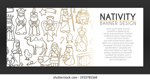 Nativity Scene Banner Doodle. True Story Christianity Background Hand drawn. Religion Icons illustration. Vector Horizontal Design.